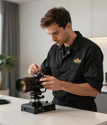 Professional high-end photography of a technician in clean, deep black workwear with a subtle gold emblem, performing a quality check in a luxury German apartment. The setting is minimalist with sophisticated lighting and sharp focus on craftsmanship.