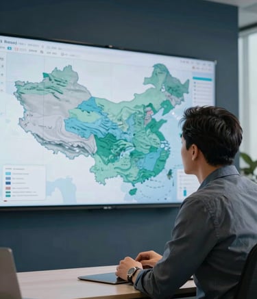 A professional strategist in business casual attire working in a modern North American office, looking at a large wall-mounted screen displaying a geographic map with shaded regions. The room has soft lighting and accents of dark blue and teal.