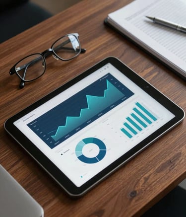 A top-down photograph of a high-end tablet on a mahogany desk in a North American corporate office, showing professional data charts in dark blue and teal. A pair of reading glasses sits nearby.