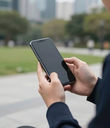 A candid photography shot of a person using a mobile phone in a modern urban park setting, international atmosphere, soft daylight highlighting the device, conveying a sense of engagement and ease.