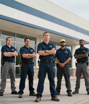 A team of professional door technicians standing outside a large modern commercial building, confident posture, North American / US setting.