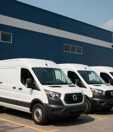 A fleet of professional service vans parked outside a large corporate facility, sunny daytime lighting, North American / US setting, Dark Blue and Off White tones.
