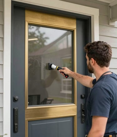 A professional technician installing a high-quality residential front door, well-lit, North American / US style architecture, Gold and Slate accents.