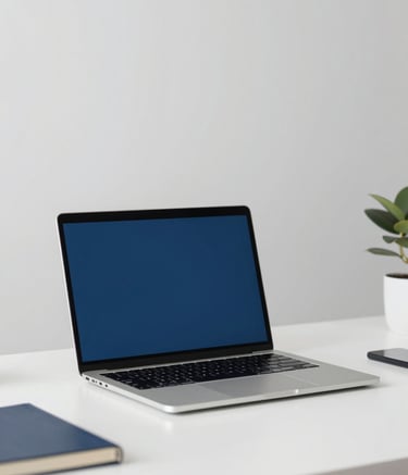 A clean, modern home office desk featuring a laptop and a notebook. The composition is minimalist with plenty of negative space. The lighting is natural and bright. The scene incorporates brand tones of cadet blue (#5F9EA0) and white (#F5F8F8).