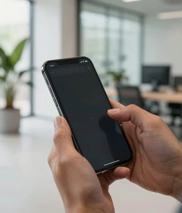 A close-up shot of a developer's hands using a high-end smartphone to test a sleek, modern mobile application. The setting is a bright, minimalist North American co-working space with a blurred background of green plants and glass walls, using soft natural light.