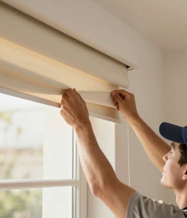 A close-up of a professional installer's hands precisely mounting a high-end motorized shade in a modern living room. The lighting is warm and natural, highlighting the clean lines of the window. The palette features soft creams (#F9F7F3) and warm wood tones (#7A5B44).