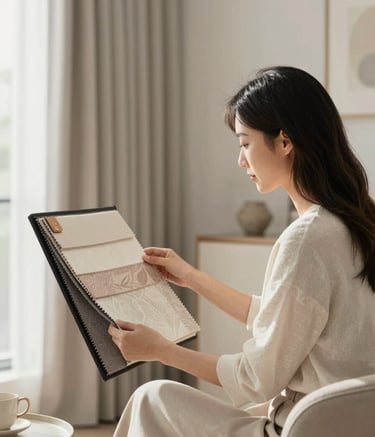 A sophisticated interior designer sitting with a homeowner in a sun-drenched room, looking at elegant fabric swatches for drapes. The atmosphere is inviting and high-end, featuring neutral colors #F9F7F3 and #DEDBD6 with subtle bronze accents.