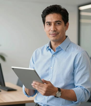 A professional North American / Hispanic financial advisor in a modern, clean office setting, holding a digital tablet and looking kindly at the camera, wearing light blue professional attire, creating a trustworthy and secure atmosphere.