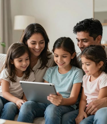 A North American / Hispanic family sitting in a sunlit, modern living room, looking at a tablet together and smiling, warm natural lighting, professional photography, beige and light blue accents in the background.