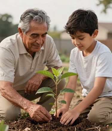A North American / Hispanic grandfather teaching his grandson how to plant a small tree in a garden, symbolizing growth and legacy, soft morning light, emotional and clean composition, tan and off-white tones.