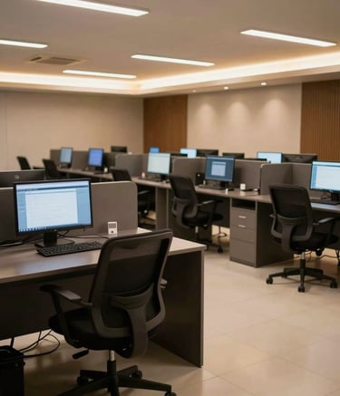 A wide photograph of a clean, organized tele-service operation center in Brazil. Ergonomic chairs, sleek dark desks, and a professional, quiet atmosphere. Soft gold lighting accents the modern architecture.