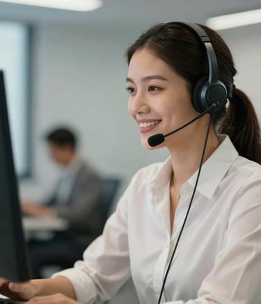 Photography of a professional South American customer service representative in a modern office, wearing a sleek headset and smiling warmly while looking at a screen. The background is softly blurred with tones of blue-grey and off-white.