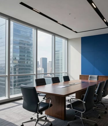 A wide-angle shot of a bright, modern corporate boardroom in a North American skyscraper. Natural light pours through floor-to-ceiling windows. The color palette features light gray-blue and deep blue accents.