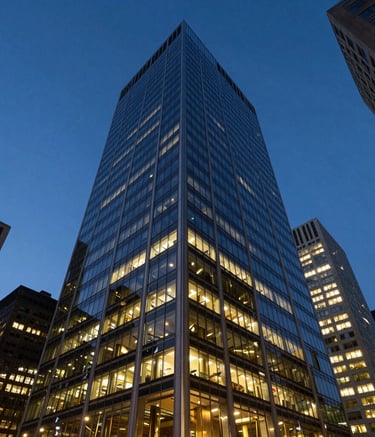 A low-angle architectural photograph of a sleek glass office building in a major North American financial district at dusk. The sky is a deep blue, and the building windows glow with warm, professional lighting.