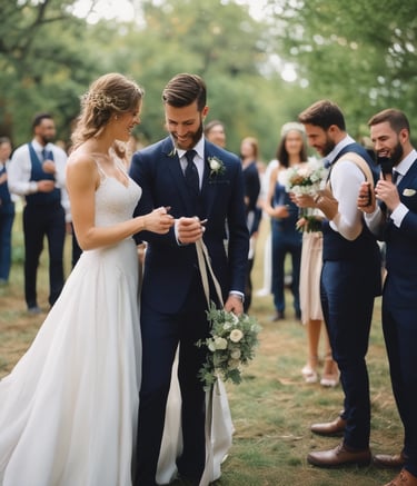 Close-up of hands exchanging wedding rings with blurred floral background