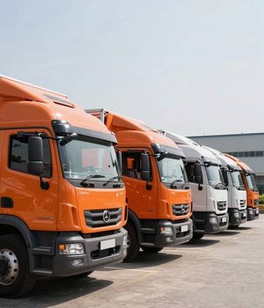 A fleet of modern orange and white moving trucks parked in a professional row in a clean Delhi industrial park, bright daylight, cinematic corporate photography, reflecting a premium logistics service.