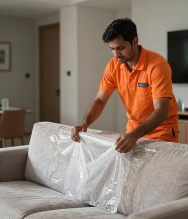 Professional South Asian / Indian movers in orange uniforms carefully bubble-wrapping a high-end sofa in a modern apartment, clean and focused lighting, portraying trust and precision.