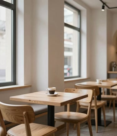 A cozy, minimalist Scandinavian-style restaurant interior in a Hispanic / Spanish-speaking area. Pale wood furniture, off-white walls, and large windows. The scene is quiet and professional, with a table set elegantly featuring a single cup of coffee.