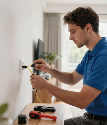 A professional technician in a modern blue polo shirt installing a fiber optic wall outlet in a bright North American living room, emphasizing a clean and precise workspace with professional tools, natural lighting.
