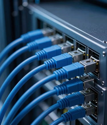 A close-up of high-quality blue fiber optic cables being neatly routed into a modern networking hub in a professional server room setting, shallow depth of field, cool blue lighting.