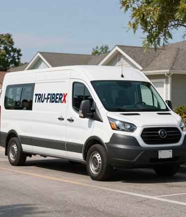 A professional TRU-FIBERX branded service van parked on a clean suburban North American residential street, a technician preparing equipment during a bright sunny day, conveying reliability and expertise.