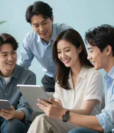 A team of tech professionals collaborating around a tablet, smiling and relaxed, modern simplicity, bright lighting, light blue accents, Global / Tech-focused.