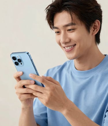 A modern user happily interacting with an Android phone, clean environment, natural lighting, medium blue and off-white tones, approachable and innovative vibe, Global / Tech-focused.