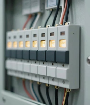 A close-up of a sleek, contemporary electrical control panel with organized wiring and gold-toned (#D8AC4F) status indicators. The style is modern, industrial, and clean, conveying technical mastery.