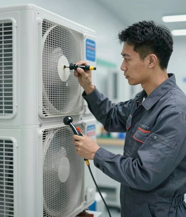 A professional technician in a petrol blue uniform (#2C6B79) inspecting a high-end modern HVAC system in a clean, high-tech environment. The lighting is bright and professional, emphasizing precision tools and modern components.