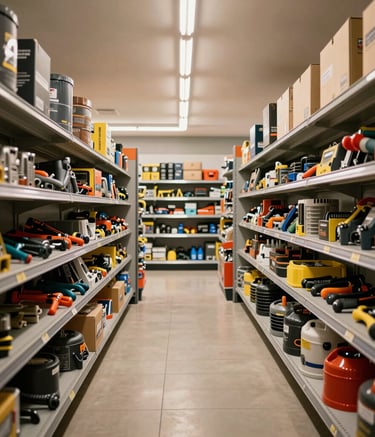 A wide-angle shot of a clean, modern hardware store interior in Uruguaiana, Brazil, with organized shelves of high-quality industrial tools, bright and welcoming lighting, modern retail aesthetic.