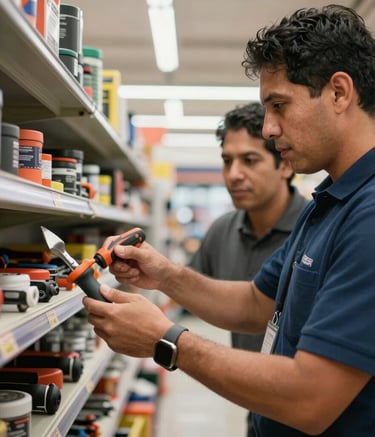 A focused shot of a South American merchant helping a customer choose a heavy-duty tool, both looking at a product with trust and professionalism, bright retail lighting.