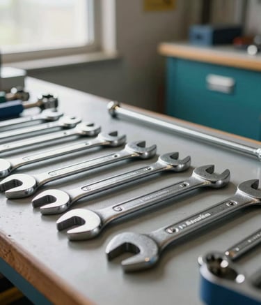 Close-up photography of professional-grade steel wrenches and heavy-duty hardware tools organized on a clean workbench, soft natural lighting from a window, South American industrial setting, colors of teal and navy accents.