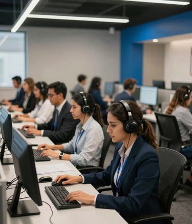 A wide shot of a modern, organized call center in South America, with professionals working at clean stations, focused and professional environment, steel blue accents.