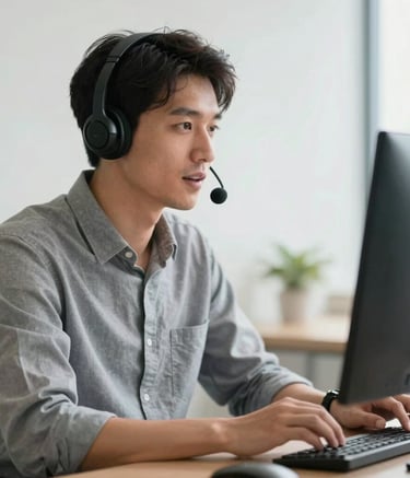 A focused professional in a modern Brazilian workspace, wearing a sleek headset, engaged in a conversation, clean background, bright natural lighting, professional atmosphere.