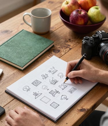 High-angle professional photography of a content planning session in a sunny North American studio. A rustic wooden desk features a Matte Forest Green notebook, a ceramic mug, and a Deep Ripe Crimson bowl of fruit. A person's hand is sketching a social media grid layout with a high-end camera nearby.
