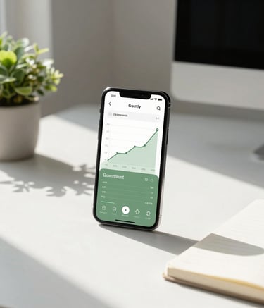 A bright North American home office with a minimalist desk. A high-end smartphone on the desk displays a growth-tracking interface with sage green accents. Natural sunlight illuminates a small indoor plant and an off-white notebook on the desk.