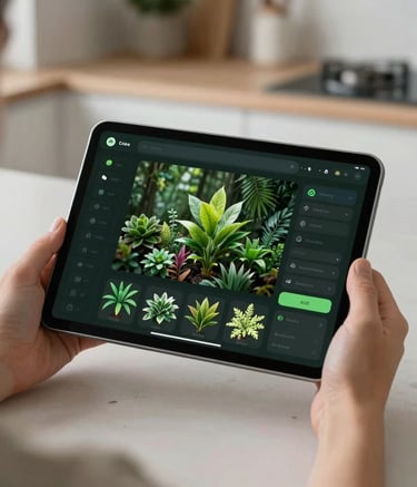 A detailed shot of a person using a tablet in a bright, modern North American kitchen. The screen displays a sophisticated botanical growing application with dark forest green and charcoal UI elements. The background is a soft-focus high-end interior with light silver finishes.