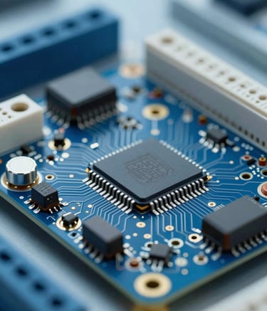 A highly technical close-up of a circuit board and power electronics components in a clean, laboratory environment. The lighting is crisp and cool, featuring the brand's #2D4A6E and #7BA0BF blue tones with metallic accents. Depth of field focus on an integrated chip to symbolize innovation and precision engineering.