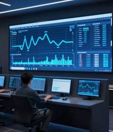 A professional wide shot of a modern energy control center with large digital displays showing real-time simulations and energy flow diagrams. The room is sleek and dark (#0F1B2B), illuminated by the glowing blue light (#7BA0BF) of the screens. This represents the convergence of software and hardware in systems integration.