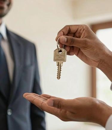 A close-up photograph of a professional South Asian hand handing over a set of house keys to another person. The setting is a brightly lit, modern apartment in India with off-white walls. The lighting is warm and welcoming, emphasizing a trustworthy and successful property management transaction.