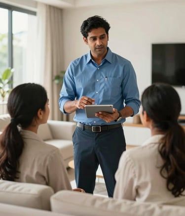 Photography of a professional South Asian property manager talking to a couple in a modern, sun-drenched Indian living room. The manager is holding a tablet, explaining the rental process. The atmosphere is professional and supportive, featuring a color palette of off-white and medium blue.