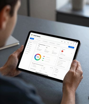 A close-up shot of a professional in a modern Global / Western home office, focused on a sleek tablet screen showing a clean dashboard. The lighting is soft and natural, with hints of charcoal grey and soft steel blue in the surrounding decor, conveying a sense of intelligent curation.