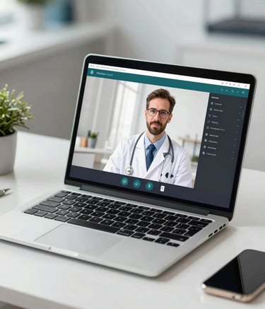 A modern laptop on a clean desk displaying a medical video call interface. The lighting is bright and airy, with subtle brand colors like #2A6B7E in the background objects. Professional medical office vibe.