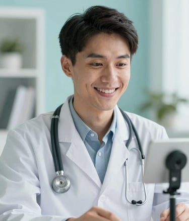 Close-up of a smiling doctor with a stethoscope looking at a webcam, portraying empathy. The room is bright with soft lighting and professional decor including shades of #92B7C0. The style is clean and modern tele-health.