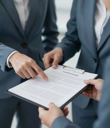 A close-up photograph of a professional meeting. Two individuals in sharp, muted slate blue business attire are reviewing a clean, minimalist strategy document. The lighting is soft and natural, emphasizing trust.