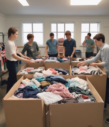 Knights of Columbus members gathered outdoors painting a community center in shades of blue and white.