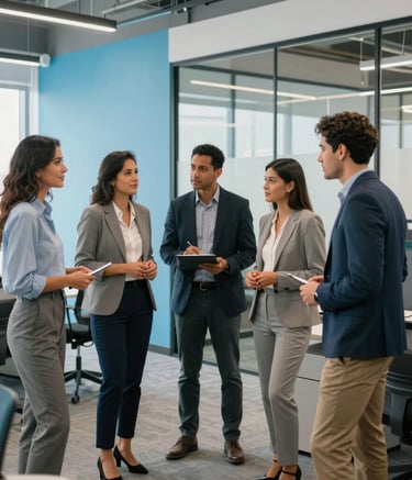 A diverse team of Hispanic business professionals working together in a bright, modern open-plan office with Sky Blue accents, featuring glass partitions and contemporary furniture, professional and trustworthy atmosphere.