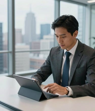 A high-angle professional shot of a modern Hispanic executive in a tailored suit reviewing data on a sleek tablet in a glass-walled conference room overlooking a metropolitan skyline, Soft Blue and Pearl White accents, cinematic corporate lighting.