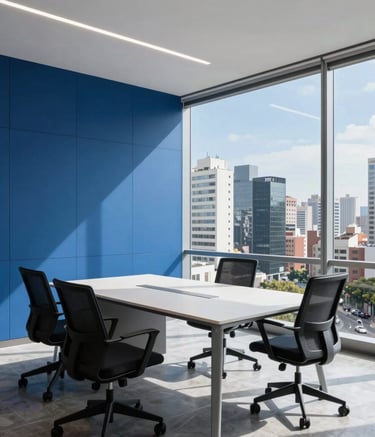Modern minimalist workspace in a high-tech Latin American office building, featuring clean lines, ergonomic furniture, and a panoramic view of an urban financial center, bright natural lighting, Deep Blue and Sky Blue decor elements.