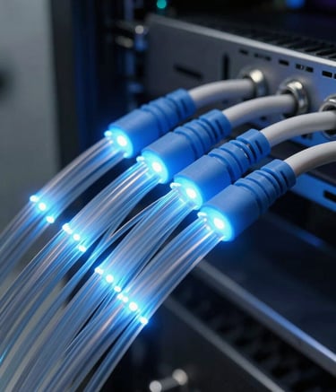A close-up photograph of high-tech fiber optic cables glowing with Steel Blue and Pale Cloud Blue light in a modern data center in a Global city. The composition is sharp and emphasizes speed and connectivity. The lighting is clean and industrial, reflecting a sense of reliability and cutting-edge technology.